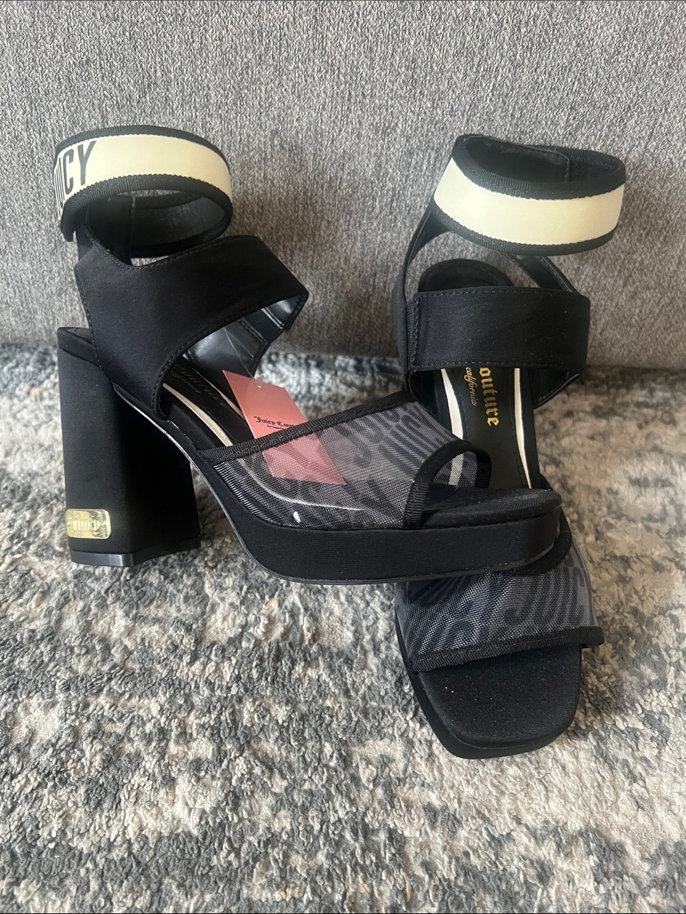 Juicy Couture Black Platform Block Heel Sandals with White Ankle Cuff